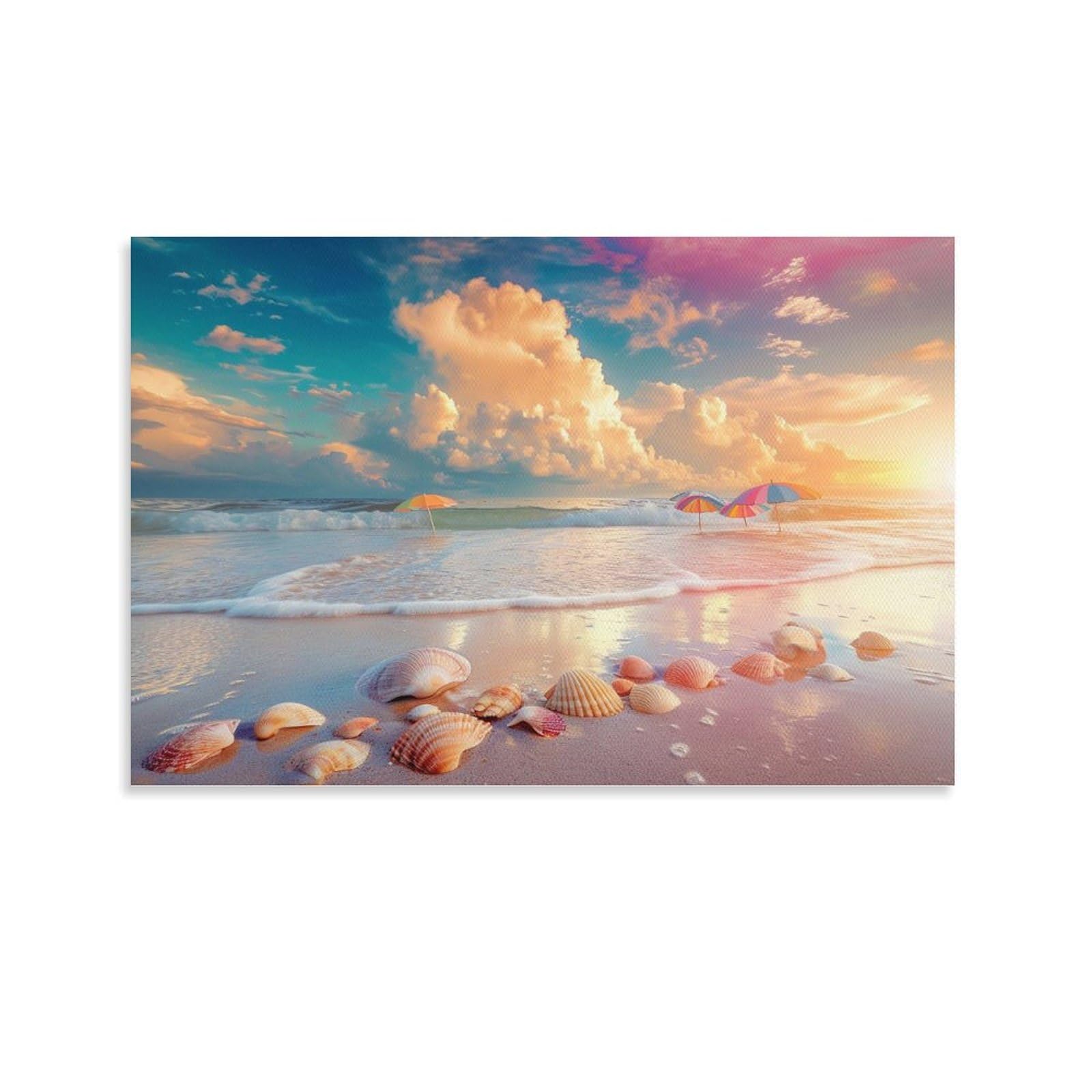 海辺の美しい風景　爽やか　ロマン　インテリア Amazon.co.jp: 絵画 海辺の砂浜にある貝殻の群れインテリア 絵画