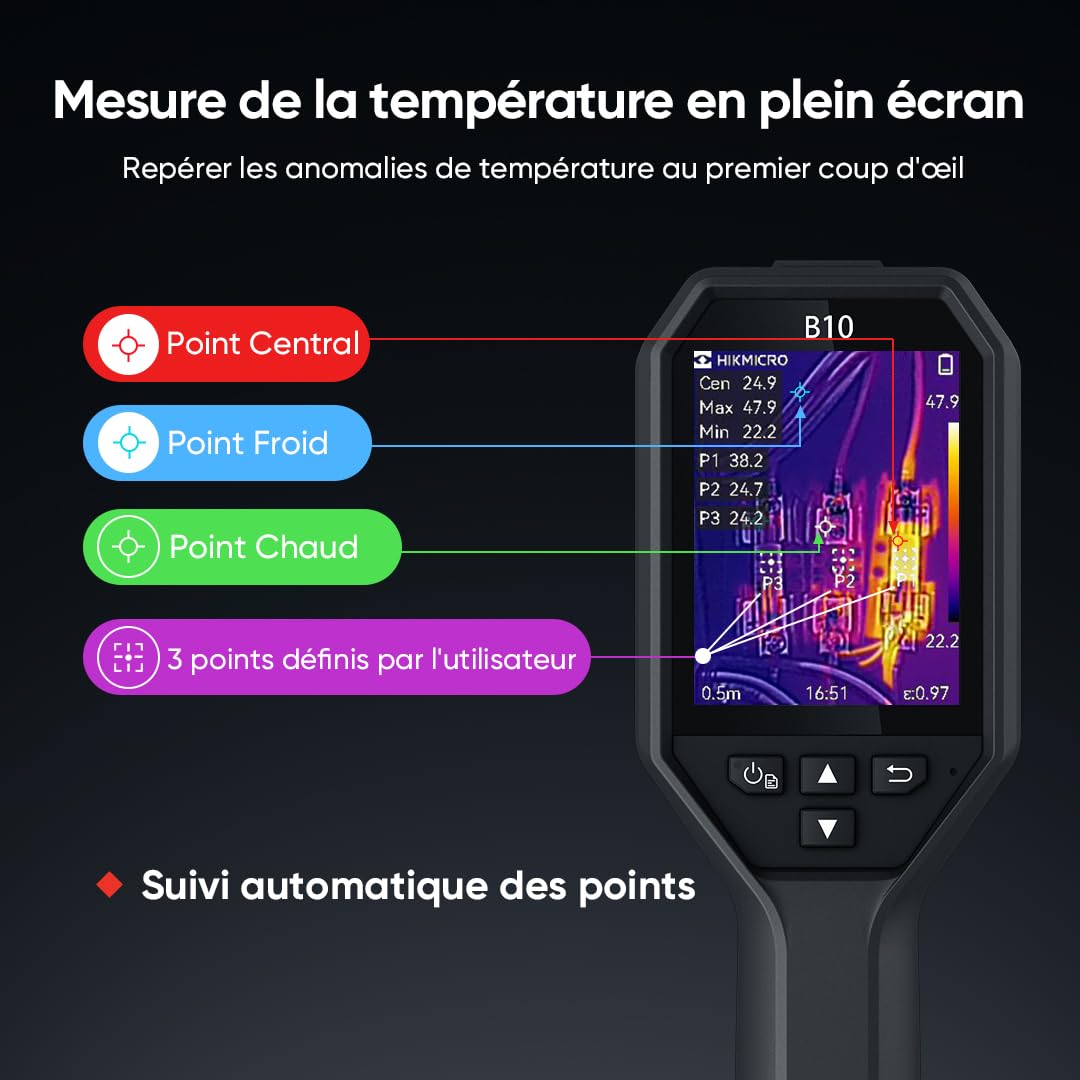 HIKMICRO B10 Caméra thermique d'une résolution IR 256 x 192 avec caméra visuelle 2MP, mesure en plein écran, 25 Hz Caméra thermique avec écran LCD 3,2", IP54, plage de température -20°C à 550°C