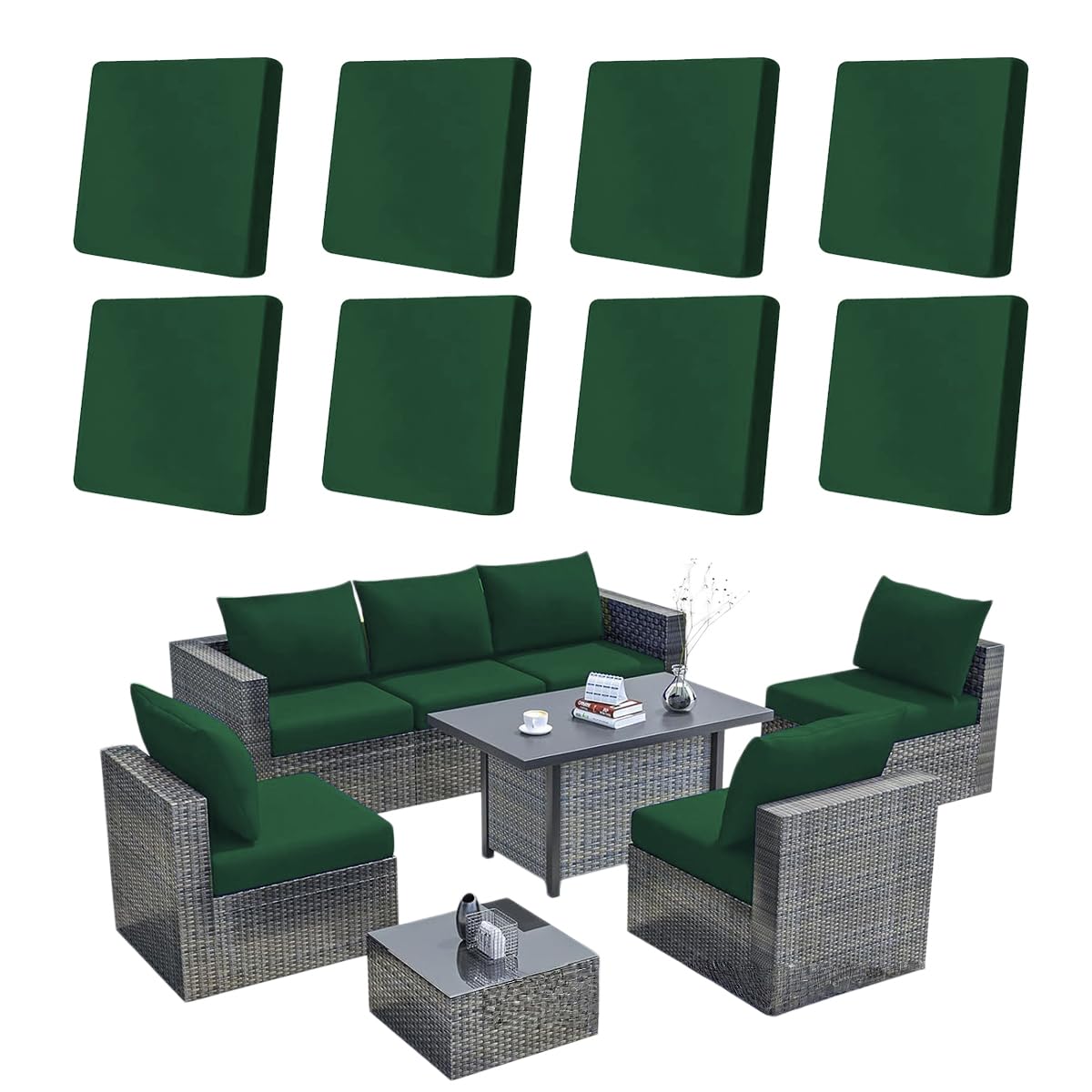 Hiseng 8/12/14 PCS Outdoor Cushion Covers Stretch Patio Cushion Covers Replacement Slipcovers Washable for Outdoor Sofa Cushions, Garden Furniture Set, Rattan Corner Sofa (Dark Green,8 PCS)