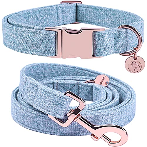 DOGWONG Cotton Dog Collar and Leash Blue Pet Collar Soft Durable Puppy Collar for Small Medium Large Dogs