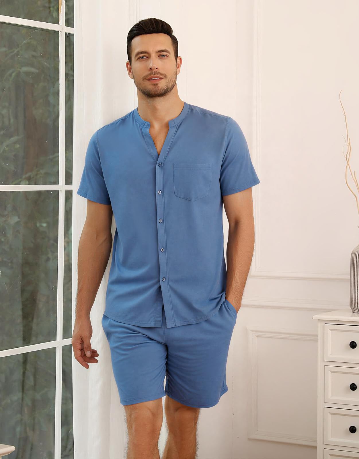 Demegimi Pigiama Uomo Estivo 2 Pezzi Maglia Manica Corta con Bottoni Pantaloncini Pigiama Notte Loungewear