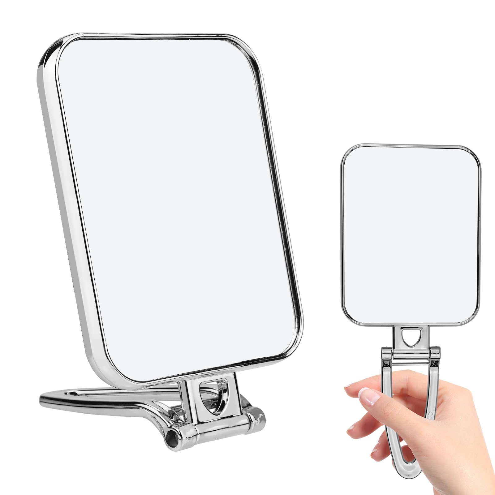 Leikedun Folding Makeup Mirror with Stand, Double Sided Shaving Mirror Travel Hand Held Mirrors 270 Adjustable Rotation Pedestal Table Mirrors for Travel Shaving Bedroom Bathroom(Silver,6 x 4.5 Inch)