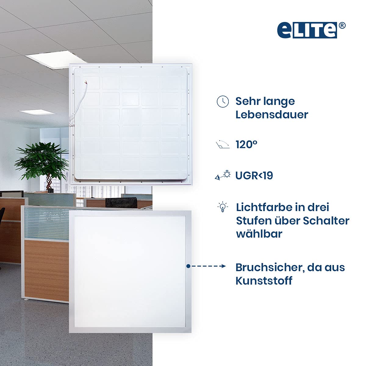 eLITe Backlight LED Panel 40W Farbwahl 4000lm 60x60cm weiß UGR<19 nicht dimmbar, flackerfrei, 1 Stück