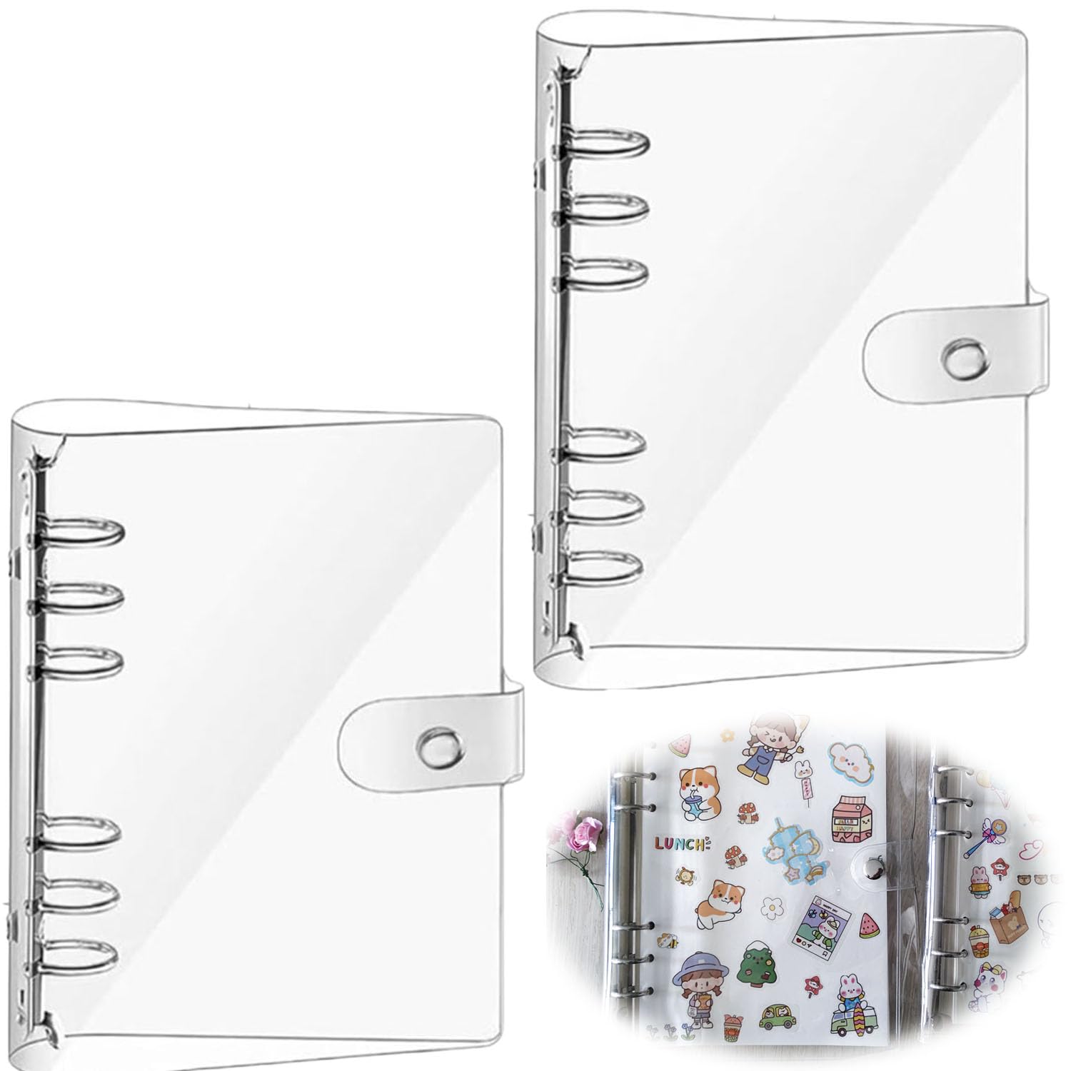 A5 Clear Soft PVC Notebook Cover,2 PCS Notebook Binder 6 Hole Ring Binder with Snap Button Waterproof Loose Leaf Notebook Folder for Diary Office Home School
