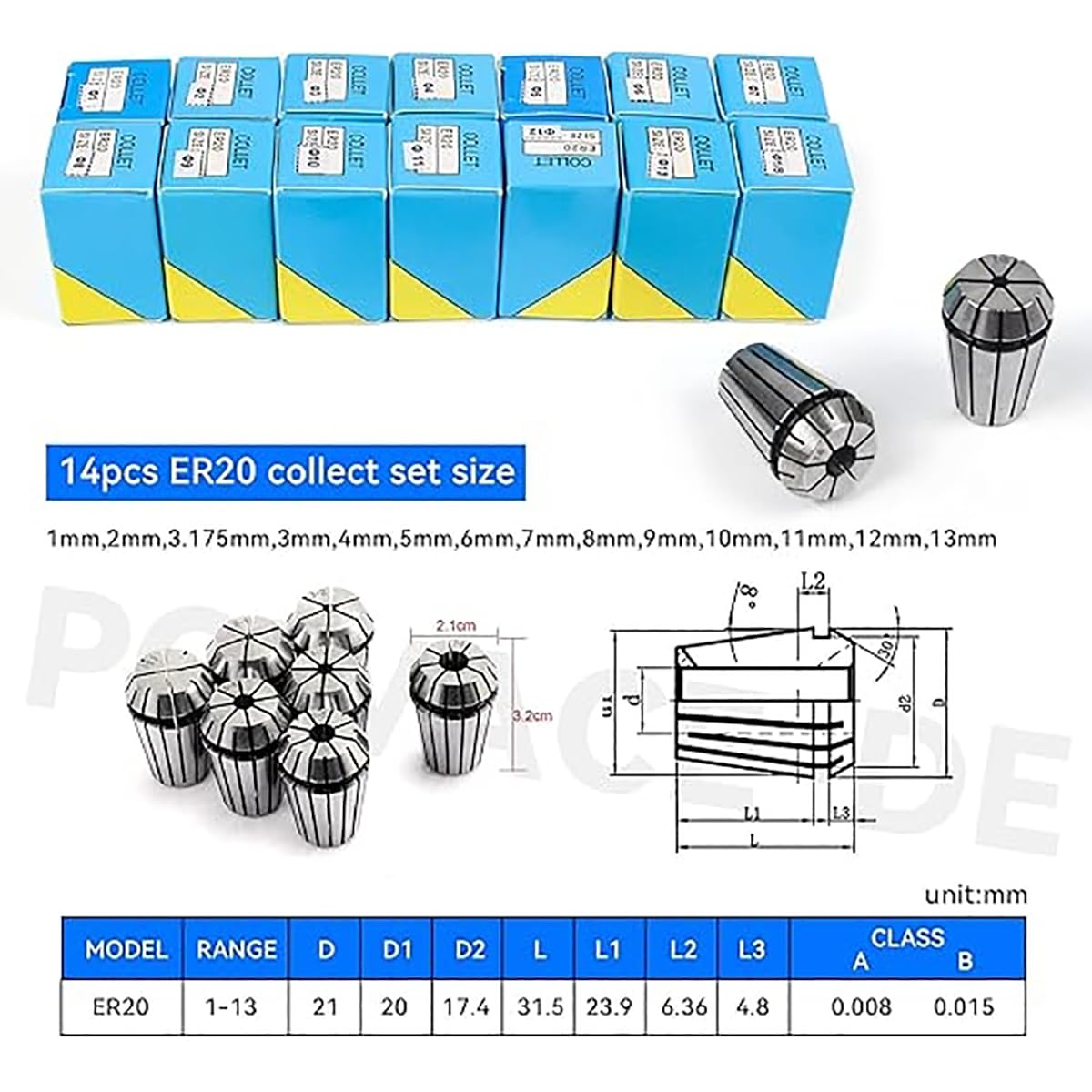 RATTMMOTOR Spannzange Set Spannzangenfutter Federzange für Oberfräse CNC-Graviermaschine Fräswerkzeughalter Drehmaschine (ER20)