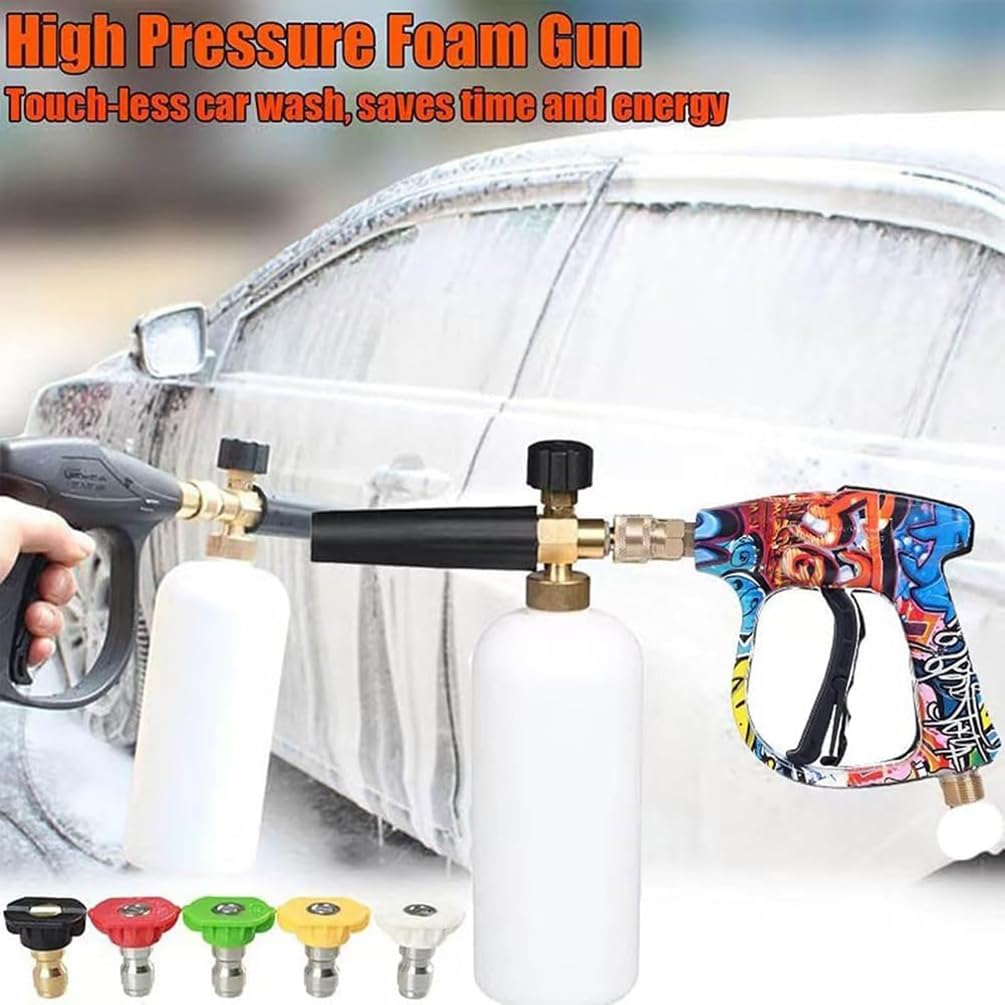 Juego de pistola de lavado de alta presión, 5 boquillas de pulverización y olla de espuma, lavado a chorro de liberación rápida con conectores de 1/4 pulgadas, 3000 PSI para limpieza de coche, patio