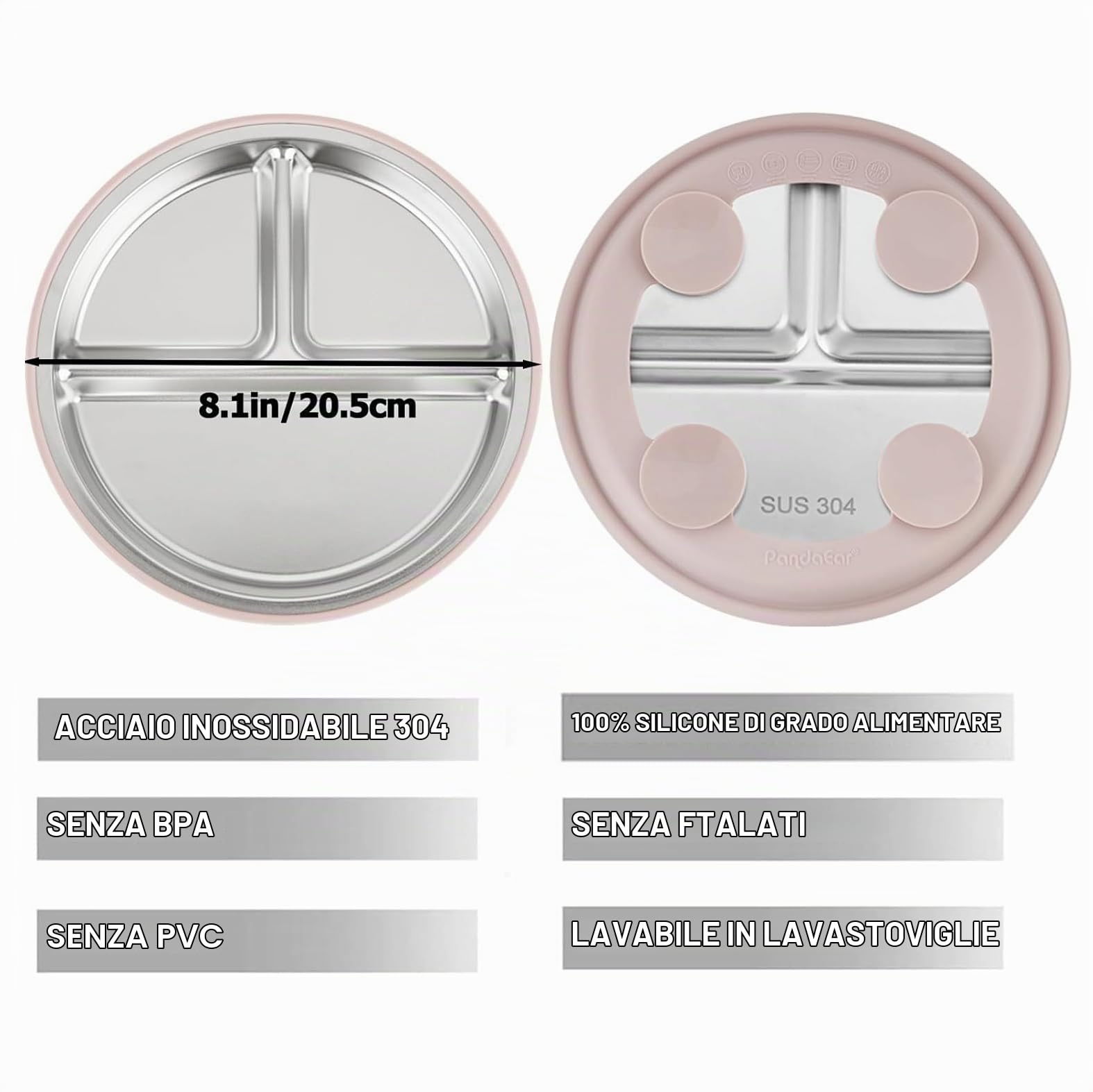 PandaEar Piatti con Ventosa in Acciaio Inox per Bambini Set da 3 (pink)