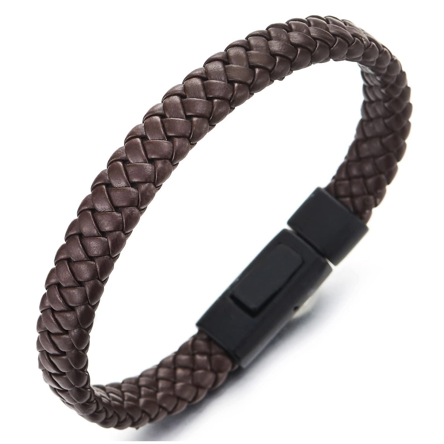 COOLSTEELANDBEYOND Hombre Mujer Clásico Fina Trenzado Marrón Cuero Brazalete Pulsera con Negro Cierre Mosquetón
