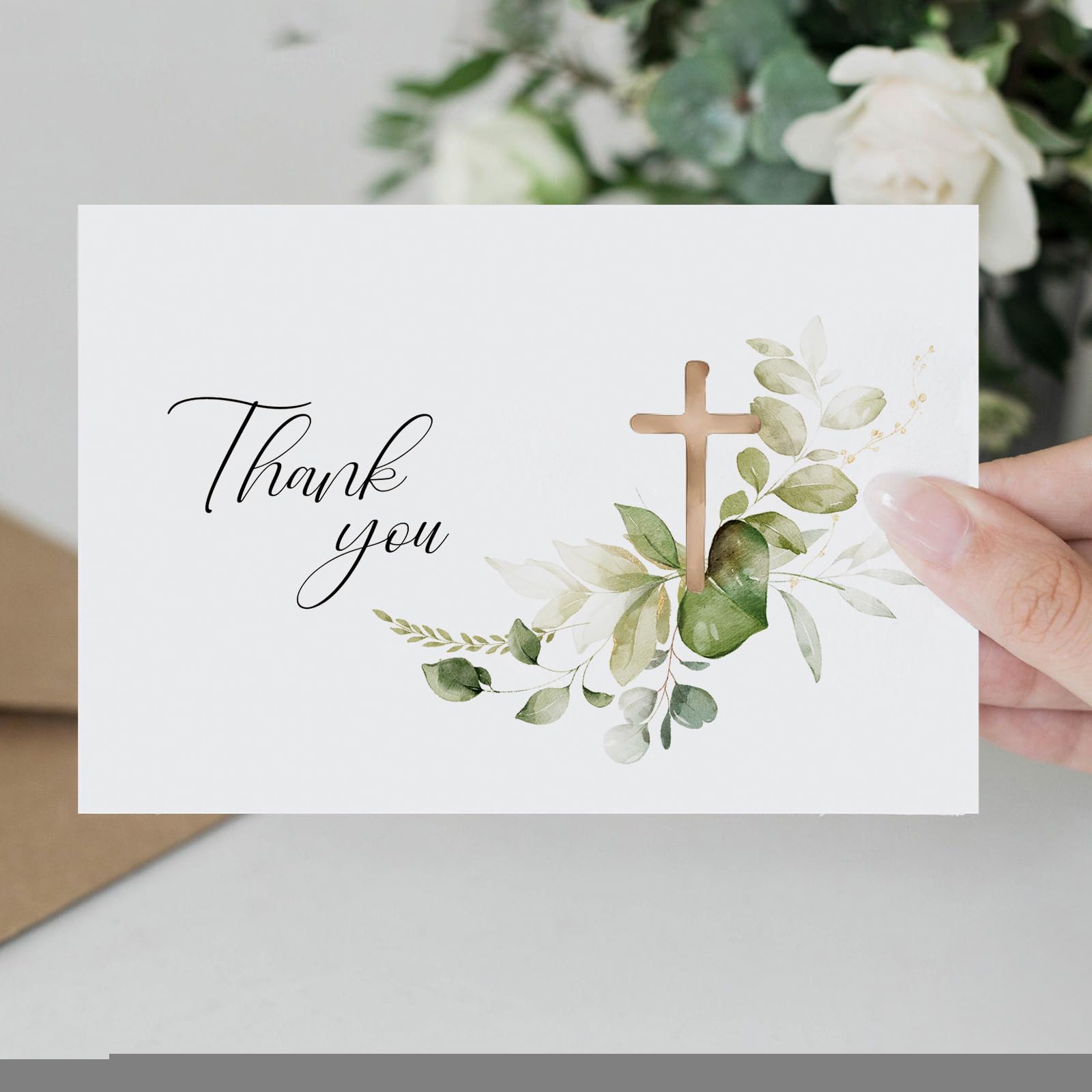 25 tarjetas de agradecimiento con sobres, 5 diseños de cruz verde en acuarela de 4 x 6 pulgadas, tarjeta de agradecimiento interior en blanco para bautizo a granel, boda, comunión, funeral,