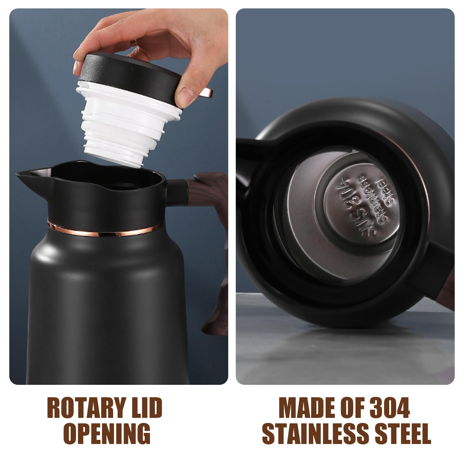 Cafetière de 2 l pour garder au chaud : cafetière isotherme en acier inoxydable 304 avec poignée en bois, conservation de la chaleur longue durée, cafetière isolée sous vide pour café et thé