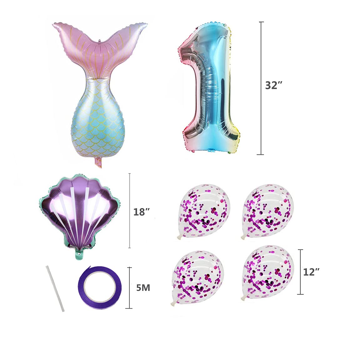 7pcs Mermaid Balloons Number Balloons for 1st 2nd 3rd Birthday Party Girls' Mermaid Tail Decoration Supplies (1 Number)