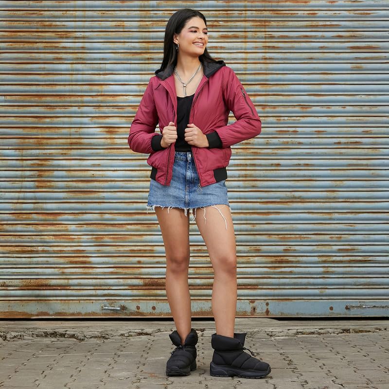 Image of Campus Sutra Women's Fleece-Lined Biker Jacket For Casual Wear | Spread Collar | Long Sleeve | Zipper Closure | Jacket Crafted With Comfort Fit For Everyday Wear