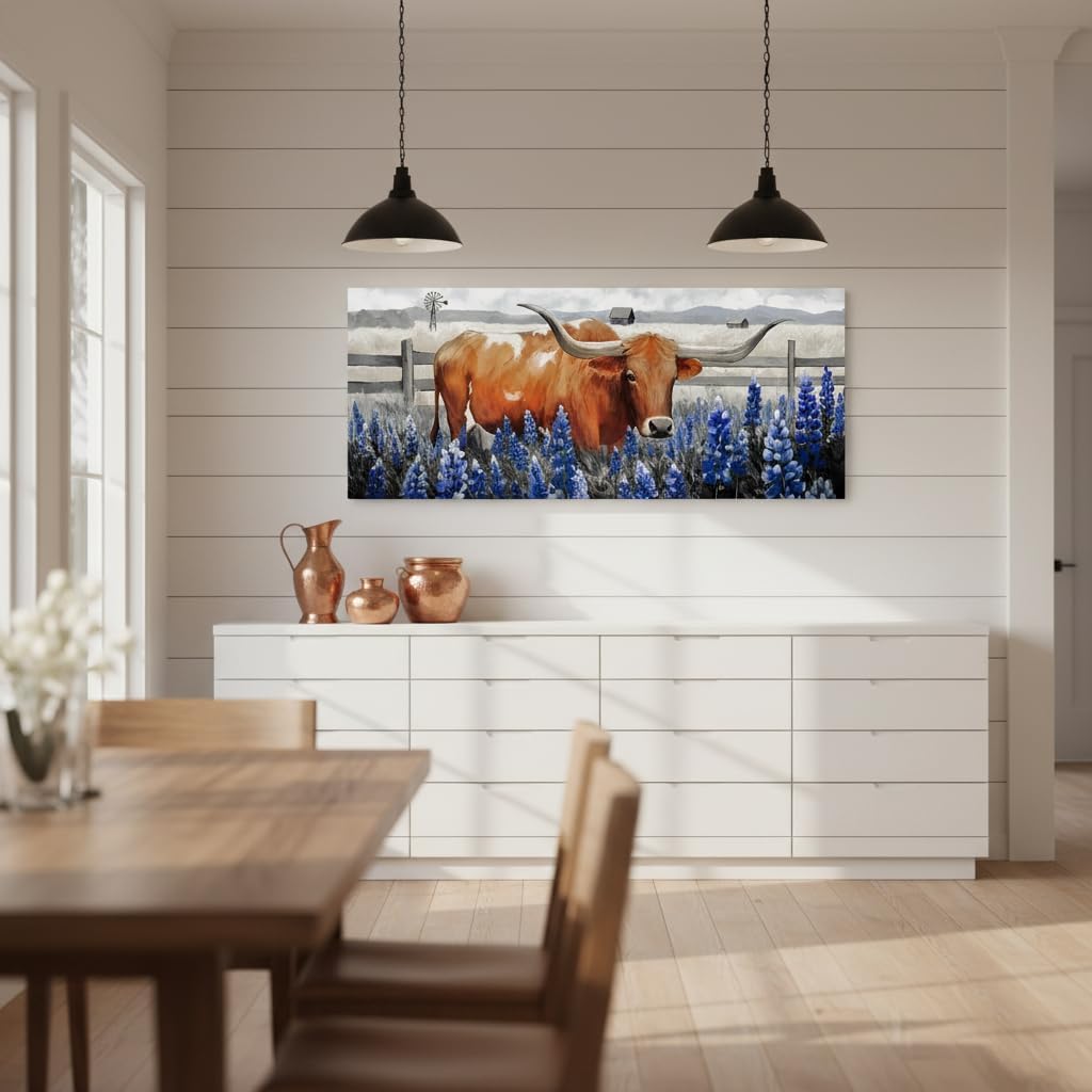 Conipit Longhorn Cattle Wall Art Bluebonnet Pictures Western Canvas Art, Framed 20x48 Inches