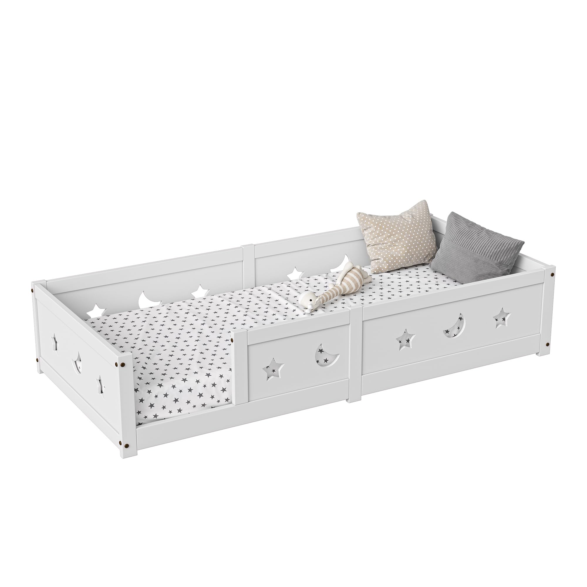 Letto per bambini 90 x 200 cm, letto Montessori con protezione anti-caduta e rete a doghe massiccia, per bambini, in legno di pino (bianco B, 90 x 200 cm)