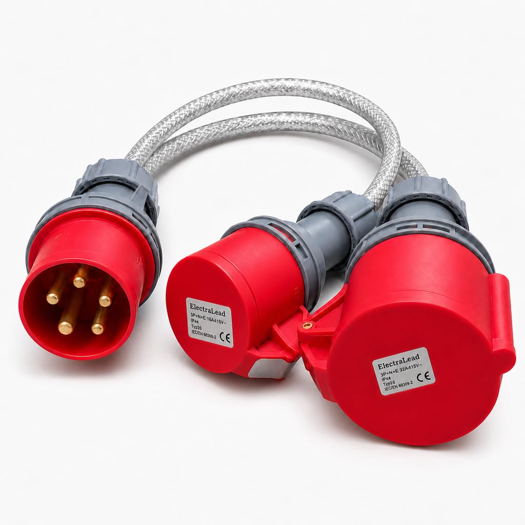 ElectraLead 32A 5 Pin to 32A & 16A 5 Pin Red 3 Phase Splitter Lead – 1m SY Steel Wire Braided Cable – 415V IEC 60309 IP44 – CE Marked Industrial Connectors – PAT Tested