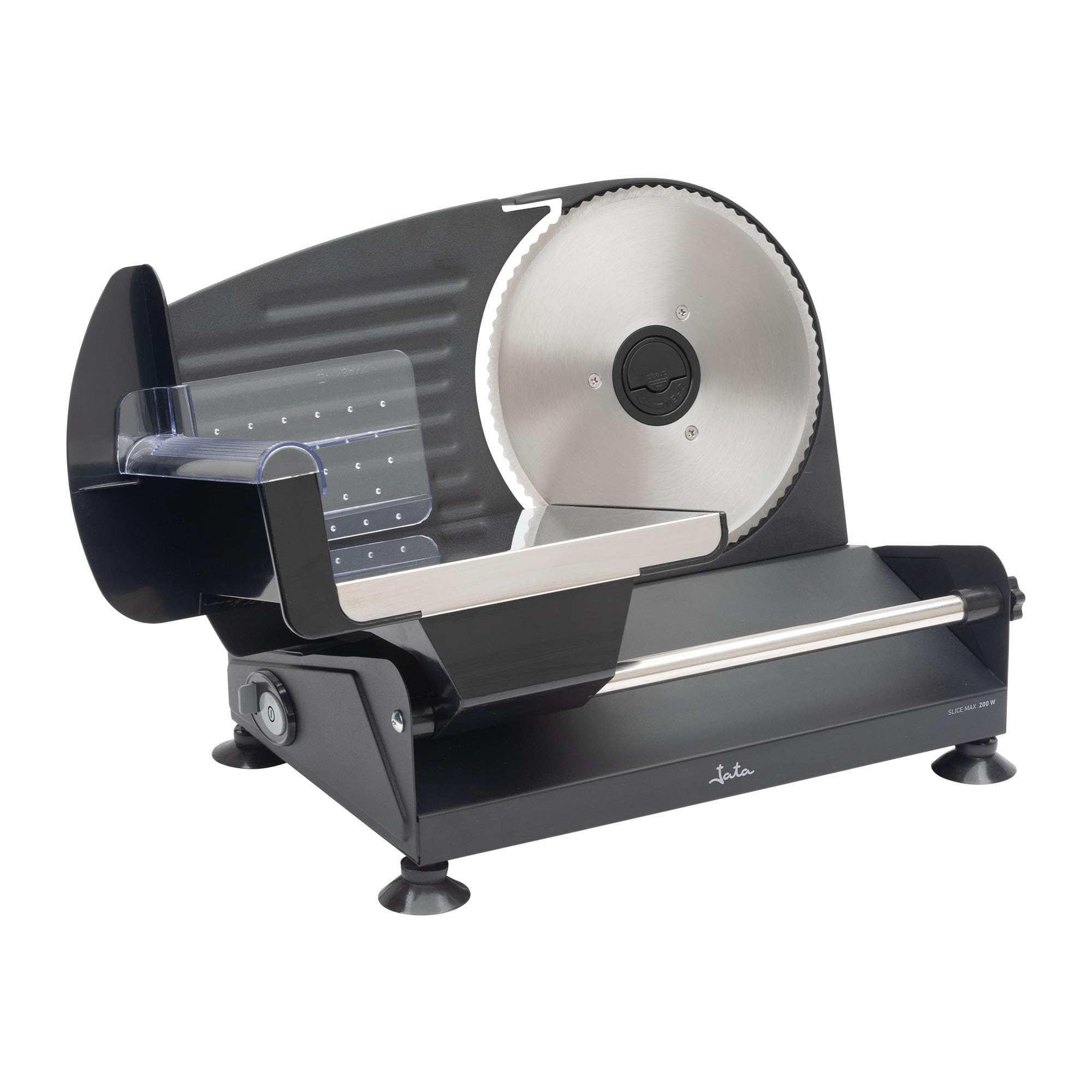 Jata JECF1200 - Cortafiambres Eléctrico 200 W con Disco de Acero Inoxidable 19 cm, Regulador de Corte 0-15 mm, Cortadora de Embutidos, Carne, Queso y Verduras, Base Antideslizante