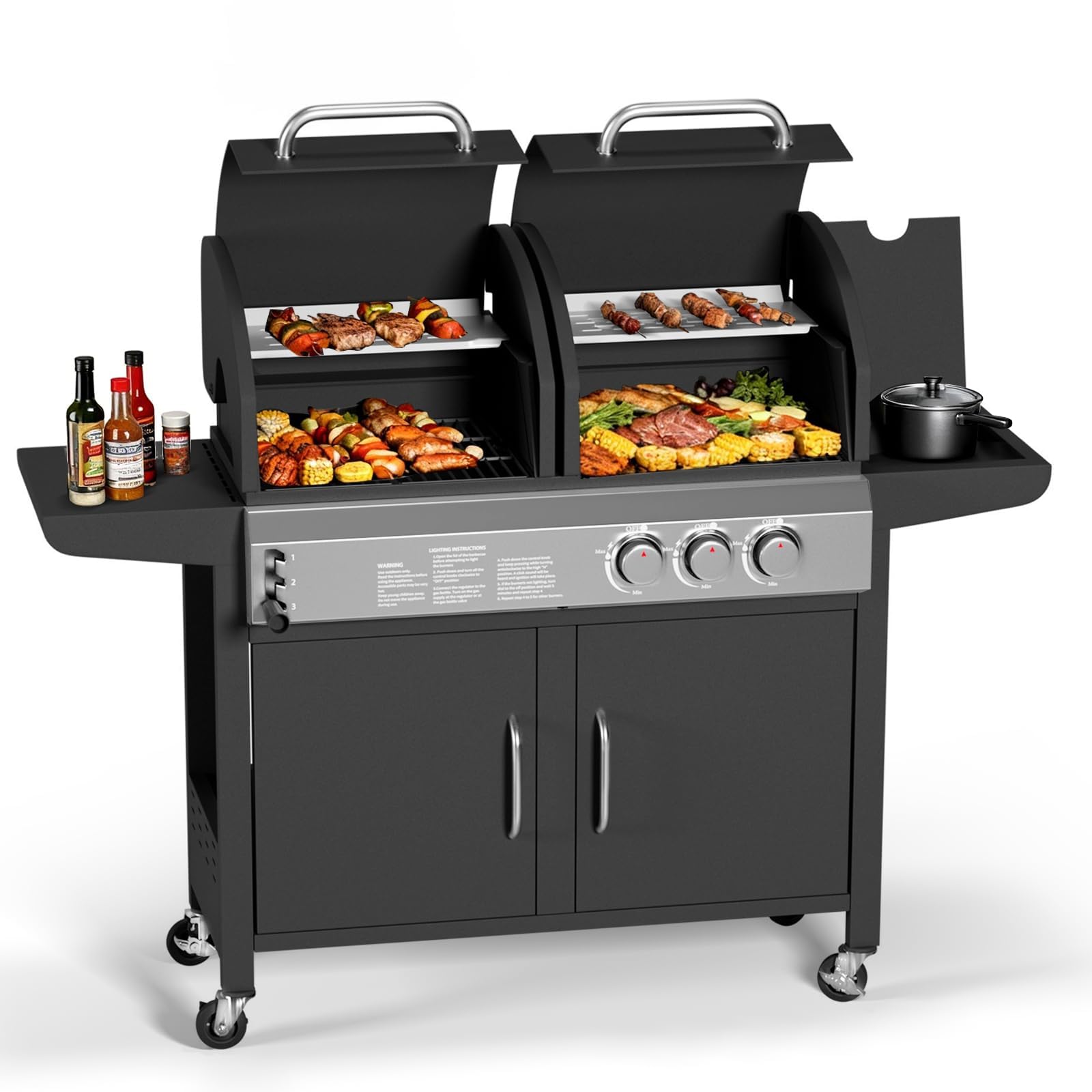 GarveeHome Plancha Gasgrill & Holzkohlegrill Kombi mit Seitenbrenner, 24.000 BTU Dual Fuel BBQ, emaillierter Gusseisenrost, Kochfläche, Gasgrill klein für Balkon, Terrasse, Camping