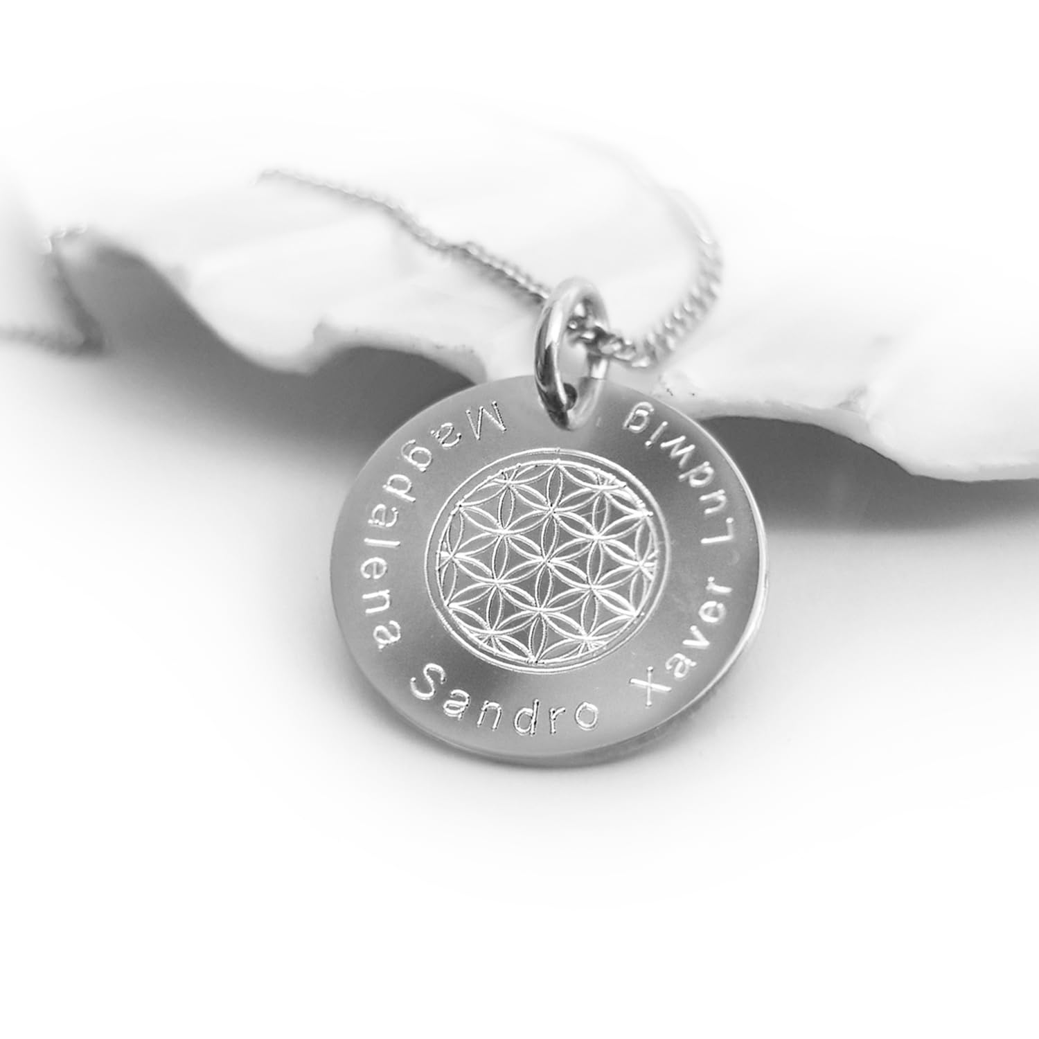 Lebensblume Kette mit Kindernamen Gravur, Silber