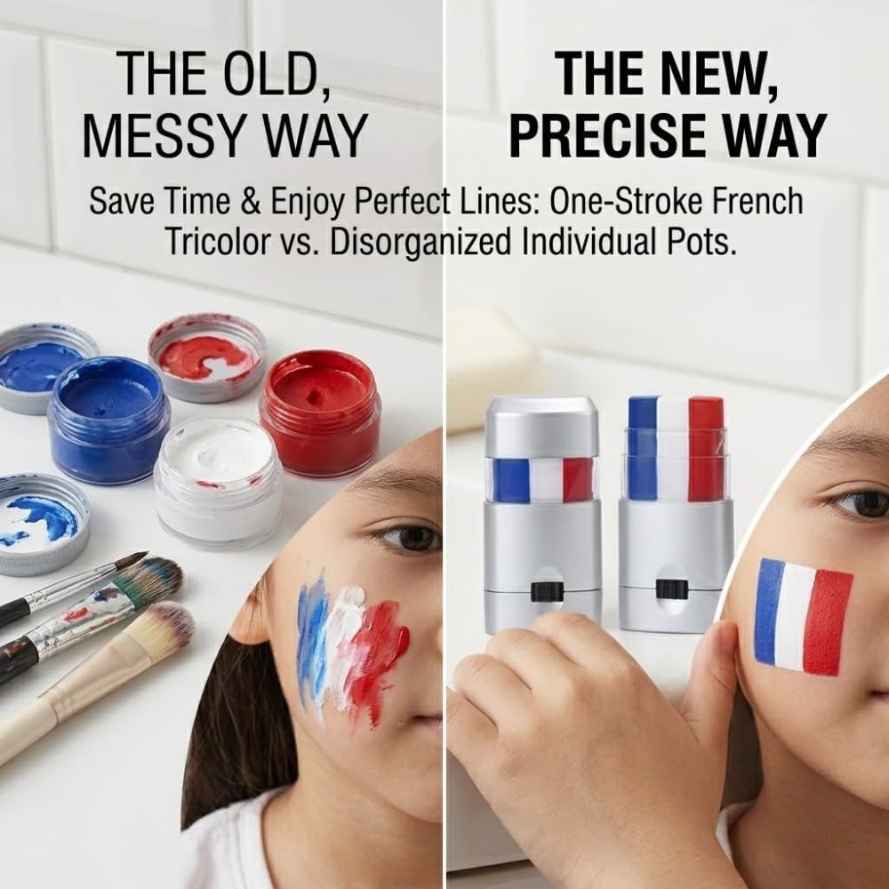 2x Crayons Maquillage Drapeau France, Bleu-Blanc-Rouge pour Football Euro Monde 2026, Idéal Carnaval, Halloween, Marche des Fiertés & Festivals de Couleurs, Peinture Visage Facile