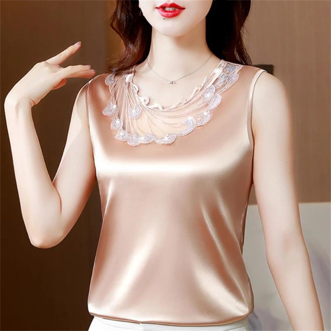Donne Ricamo Senza Maniche Camicette di Seta Estate Raso Top Casual Sciolto Vest