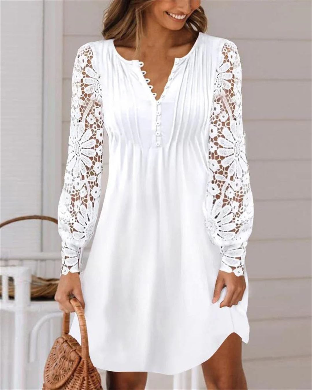 Women Lace Short Dress Long Sleeve Solid Color Dress Bohemian Loose A-LINE Dress