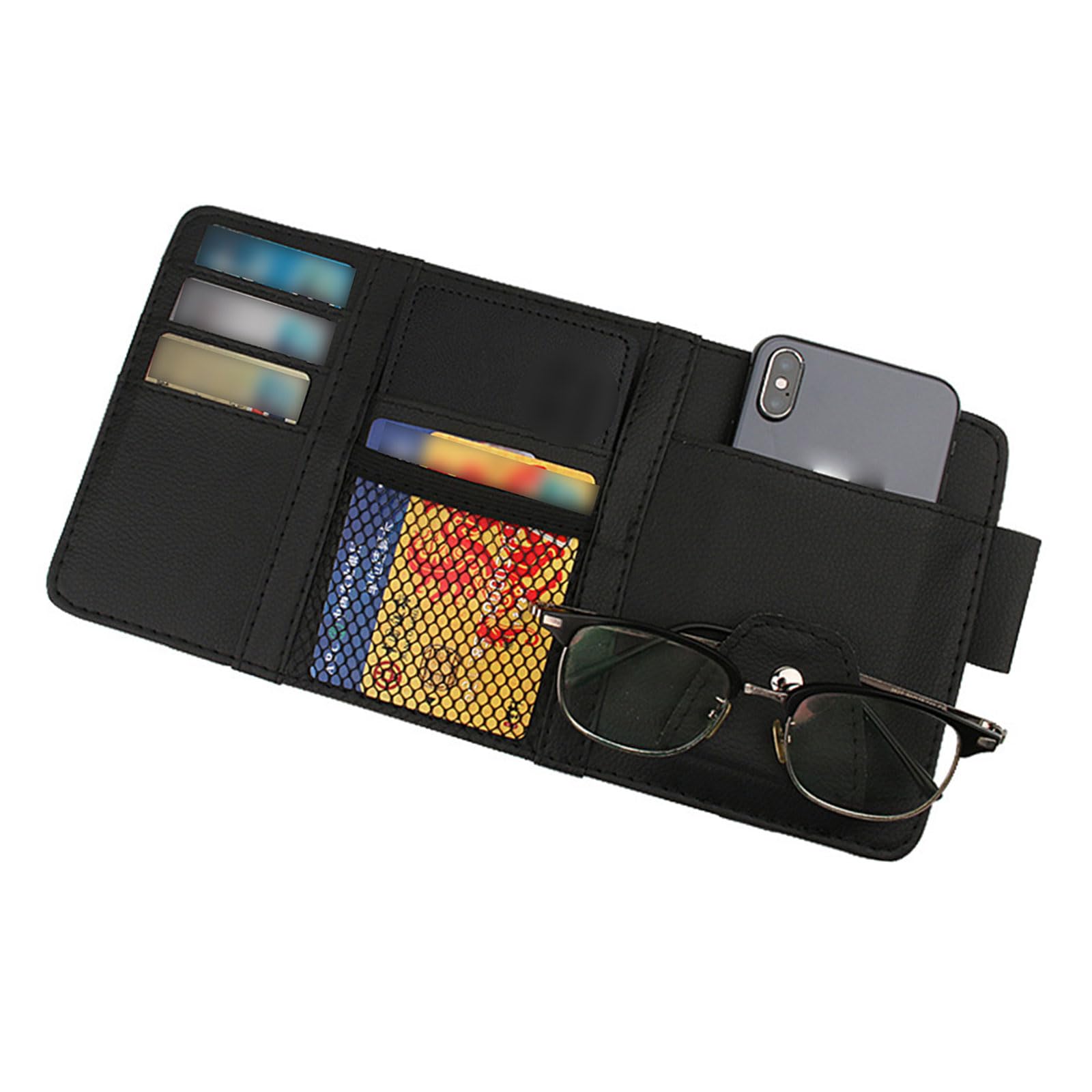 1 PC Car Sun Visor Sunglasses Holder with Multi Pocket, 12.20In x 6.10In Durable Waterproof Leather Vehicle Card Storage Accessories, Universal Automotive Pen Holder Replacement (Black)