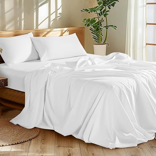 Shilucheng 1200 Thread Count Cotton Sheets Set，Luxury 100% Egyptian Cotton Bed Sheets，5-Star Hotel Quality Sheets, Breathable & Cooling, 16 Inch Deep Pocket - 4 Piece (White, King)