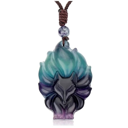 Top Plaza Womens Reiki Healing Crystal Ice Obsidian Gemstone Necklaces Adjustable Lucky Fox Amulet Protection Pendant Necklace Fox Jewelry - Fluorite