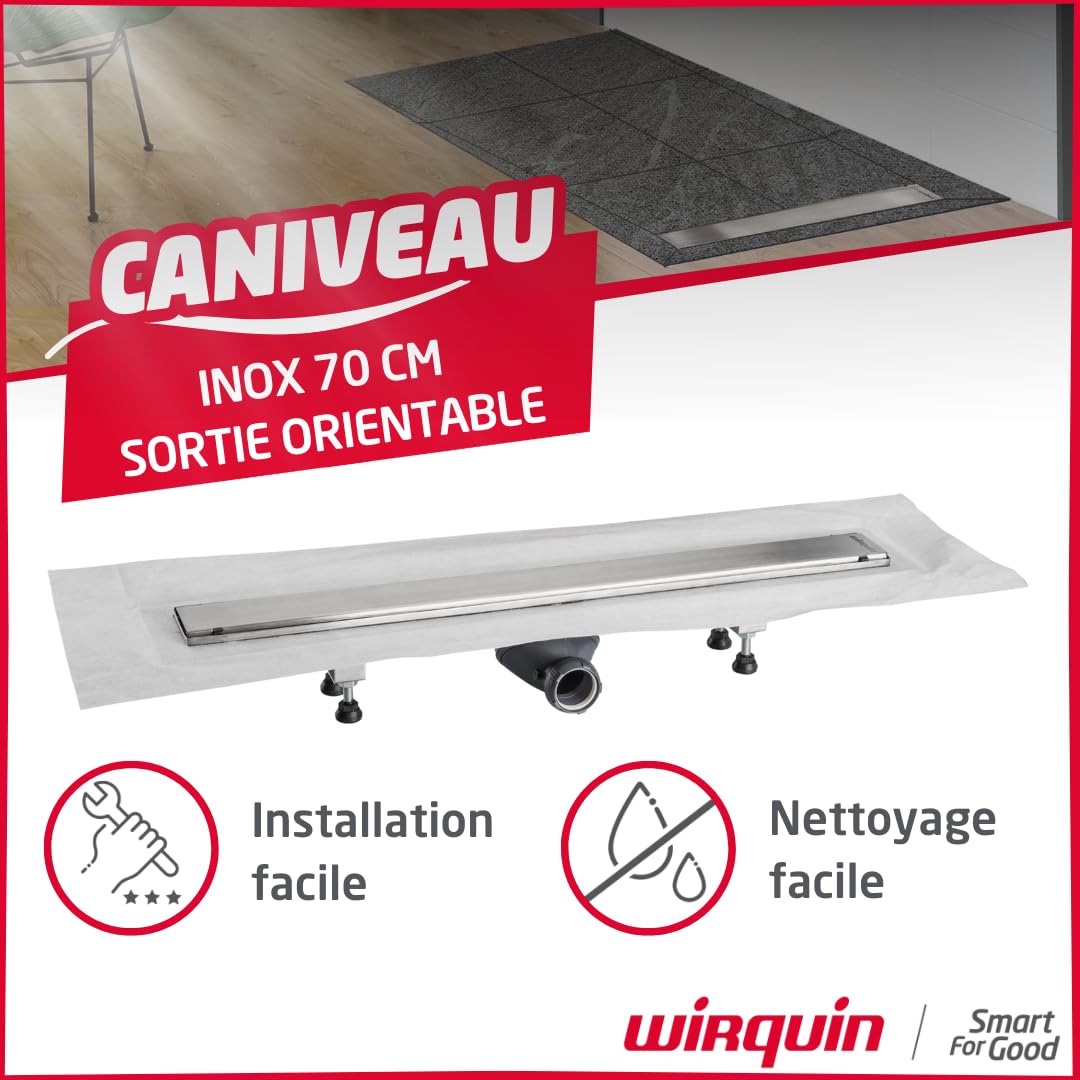 Wirquin 30723956 Caniveau de Douche Sortie Orientable 70 cm | Grille inox brossé, sortie orientable 360°, natte d'étanchéité pré-collée, installation facile, entretien facile, chromé