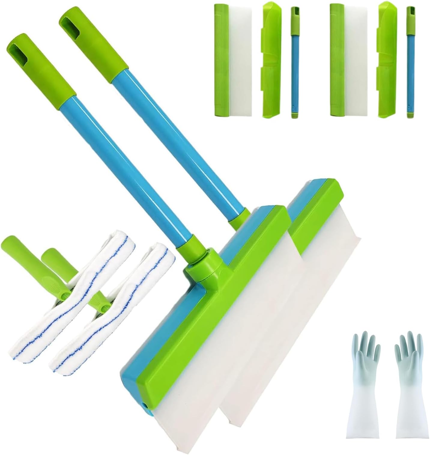 Alisanda Recyclable Silicone Window Squeegee Kit, 3 in 1 Window Cleaning Scraper, Rotatable Rubber Squeegee and Microfiber Scrubber, Window Cleaning Tool for Home Shower Car Windshield (Green*2)