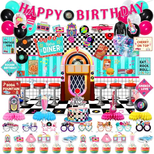 Mpanwen 50s Retro Diner Birthday Party Decorations 1950s Sock Hop Party Decoration Decor Supplies for Retro Rock Birthday - Backdrop Banner Balloons Cake Toppers Centerpieces Wall Signs