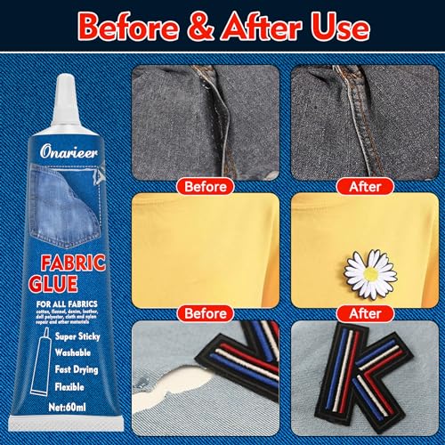 Onaireer 60ml Fabric Glue, Fabric Glue Permanent Clear Washable for Patches Drying Waterproof Fabric Adhesive Glue for All Fabrics, Clothes, Cotton, Flannel, Denim, Leather, Polyester, Doll Repair - Thumbnail 5
