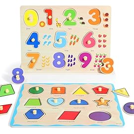 GRINNNIE Wooden Montessori Toddler Puzzles for 3 4 5 Years Old, 3 Pcs (Number, Letter, Shape) Kids Preschool Educational Peg Puzzle Set