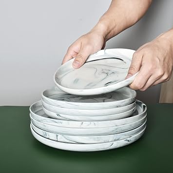 Bosmarlin Marbling Ceramic Rimmed Salad Plates, 8 inches, Set of 4 for Appetizer, Pasta, Dessert, Microwave and Dishwasher Safe (Grey, 8 in)