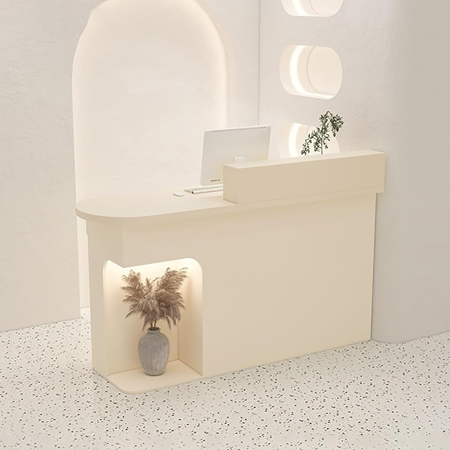 Reception Desk Oval Desktop Retail Checkout Counter with Lights & Lockable Drawers with Cabinet Wooden Computer Desk Reception Table for Clothing Store Milk Tea Shop Beauty Salon.(Apricot,RIGHT_80X50X