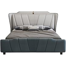 Modern Light Luxury Queen Size Platform Bed Ergonomic Upholstered Headboard Wooden Slats Support Noise-Free