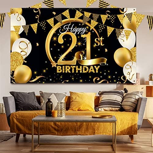 Birthday Party Decoration Extra Large Fabric Black Gold Sign Poster for Anniversary Photo Booth Backdrop Background Banner, Birthday Party Supplies, 72.8 x 43.3 Inch (21st)