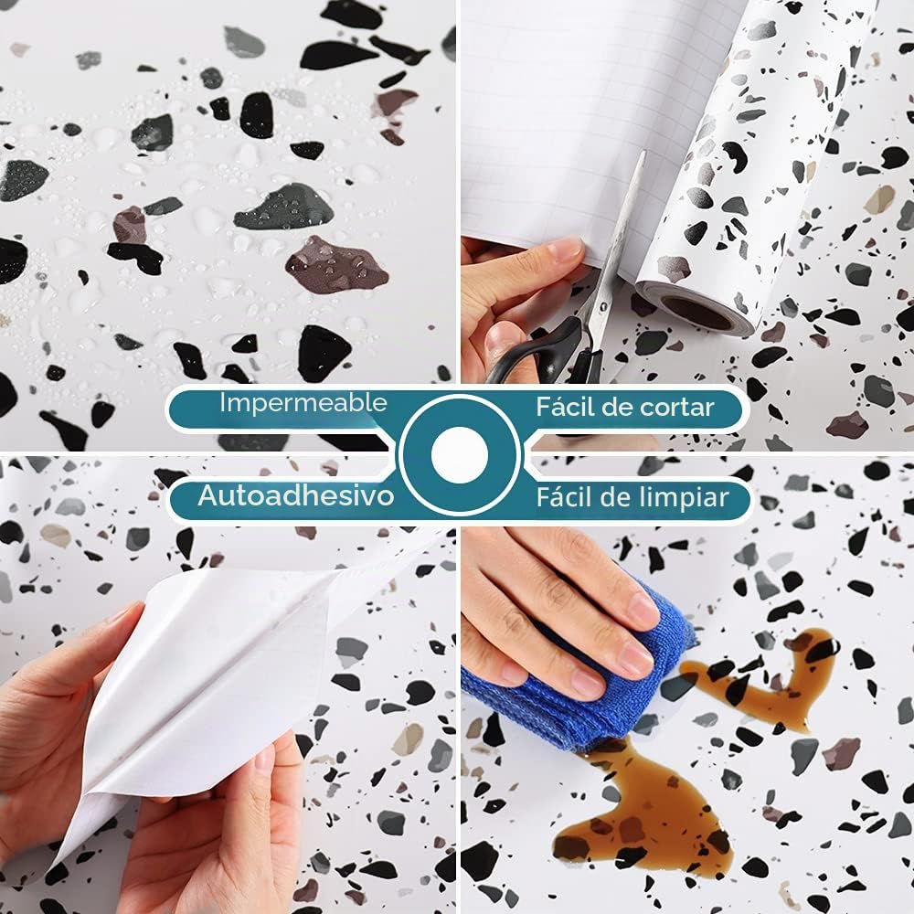 VEELIKE Papel Pintado Granito Blanco 60 cm x 900 cm Papel de Pared Terrazzo Papel Adhesivo Marmol Blanco Papel Tapiz Impermeable para Cocina Encimera Papel Autoadhesivo Pared Lavable Baño Salon Decor