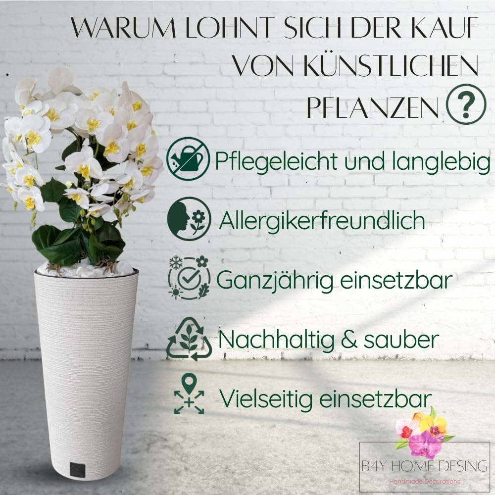 B4y Kunstliche Orchidee im Topf 120x40cm XXL groß, 5 biegsame Rispen, Real Touch Blüten - pflegeleicht & robust | täuschend echte Kunstblumen, minimalistisch - Wohnkultur Hochzeit (weiß/weiß)
