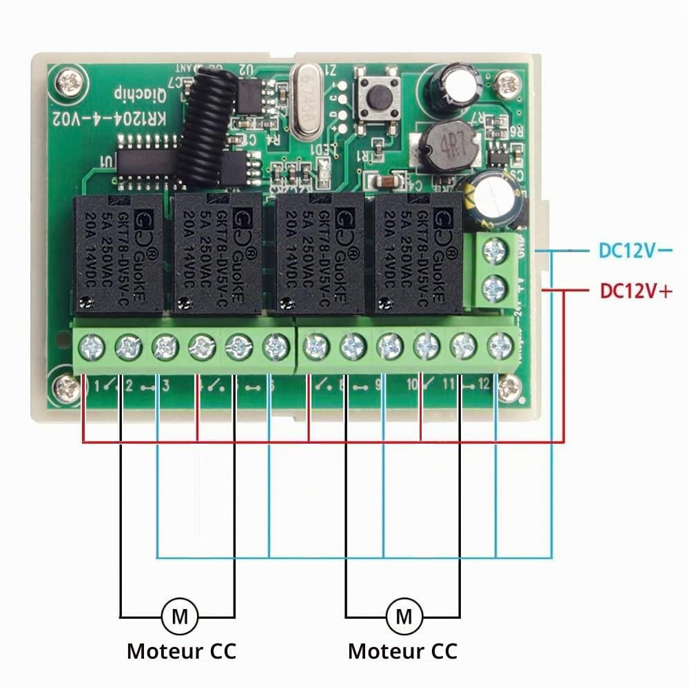 QIACHIP Commutateur de télécommande sans fil 6V 12V 24V, récepteur de Relais RF 10A 4CH 433Mhz avec 2 émetteurs pour Moteur, Porte de Garage, lumière, Rideau électrique, Bricolage
