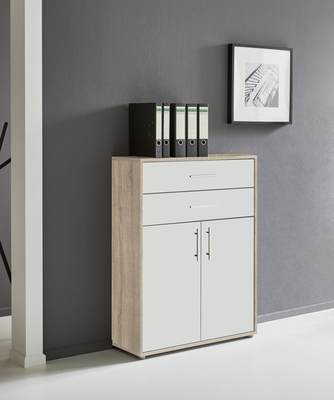 Büromöbel Set Sonoma Eiche/Weiss Matt Schreibtisch Schrankwand Rollcontainer Aktenschrank