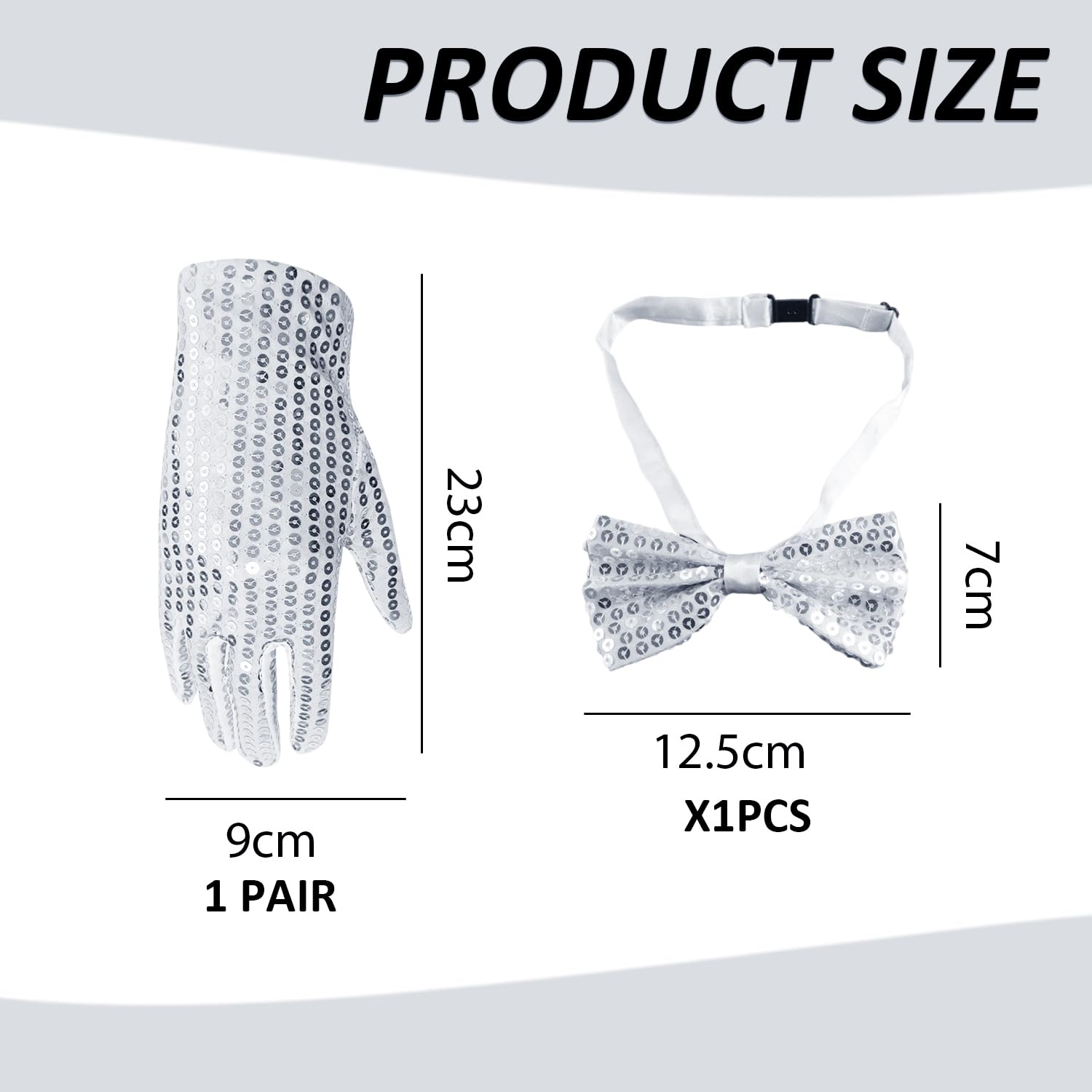 Set Accessori Paillettes - 1 Paio Guanti E 1 Papillon, Argento, Per Feste E Costumi, Moda Vintage