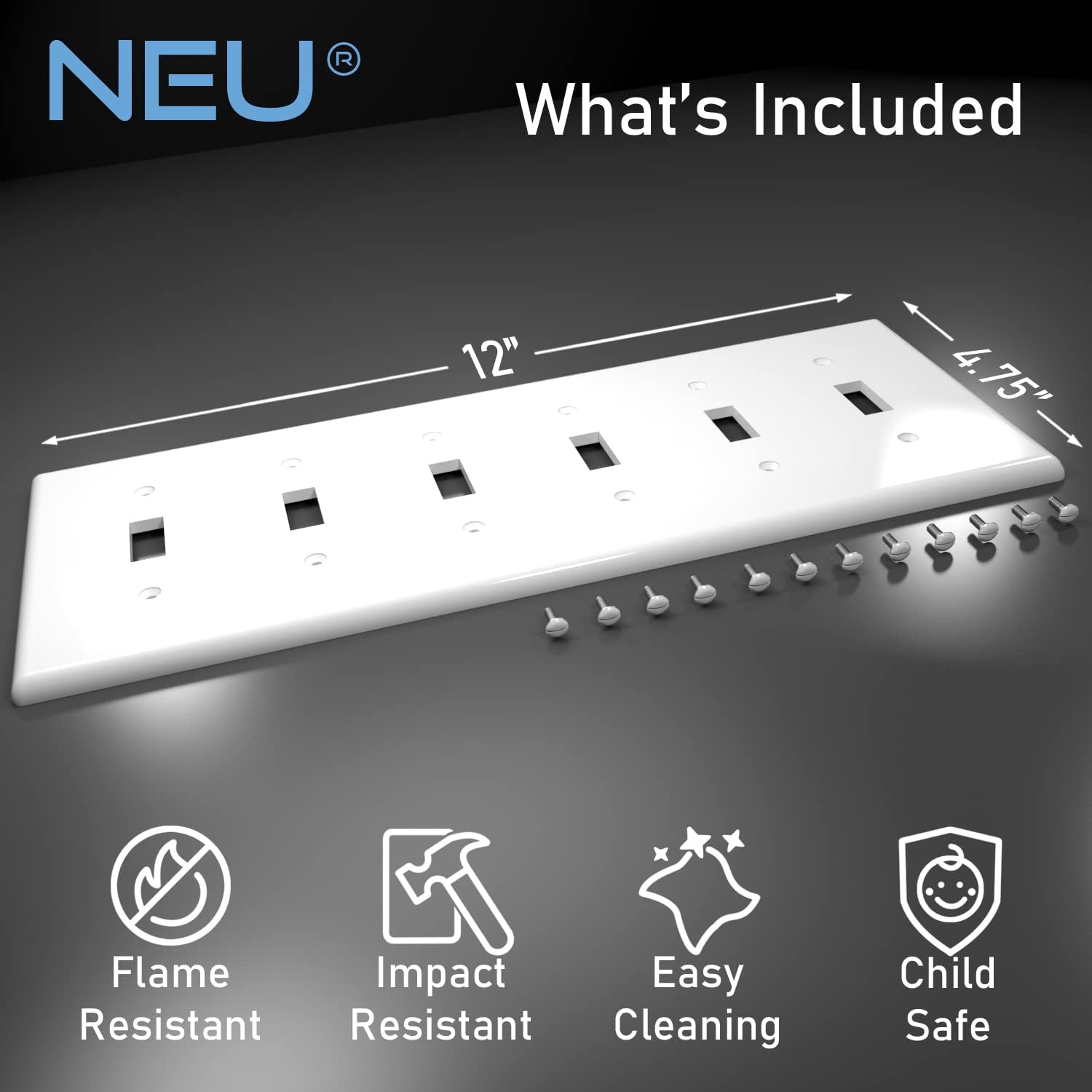 [5 Pack] NEU 6 Toggle Mid-Size Switch Cover Wall Plates, 6-Gang 12" x 4.75", Unbreakable Polycarbonate Thermoplastic, Glossy White