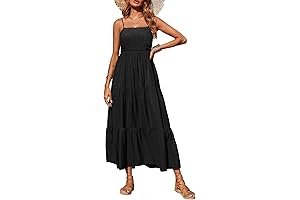 Womens Spaghetti Strap Smocked Tiered Long Beach Sun Dress