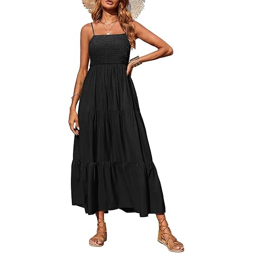 PRETTYGARDEN Women's Summer Maxi Dress Casual Boho Sleeveless Spaghetti Strap Smocked Tiered Long Beach Sun Dresses