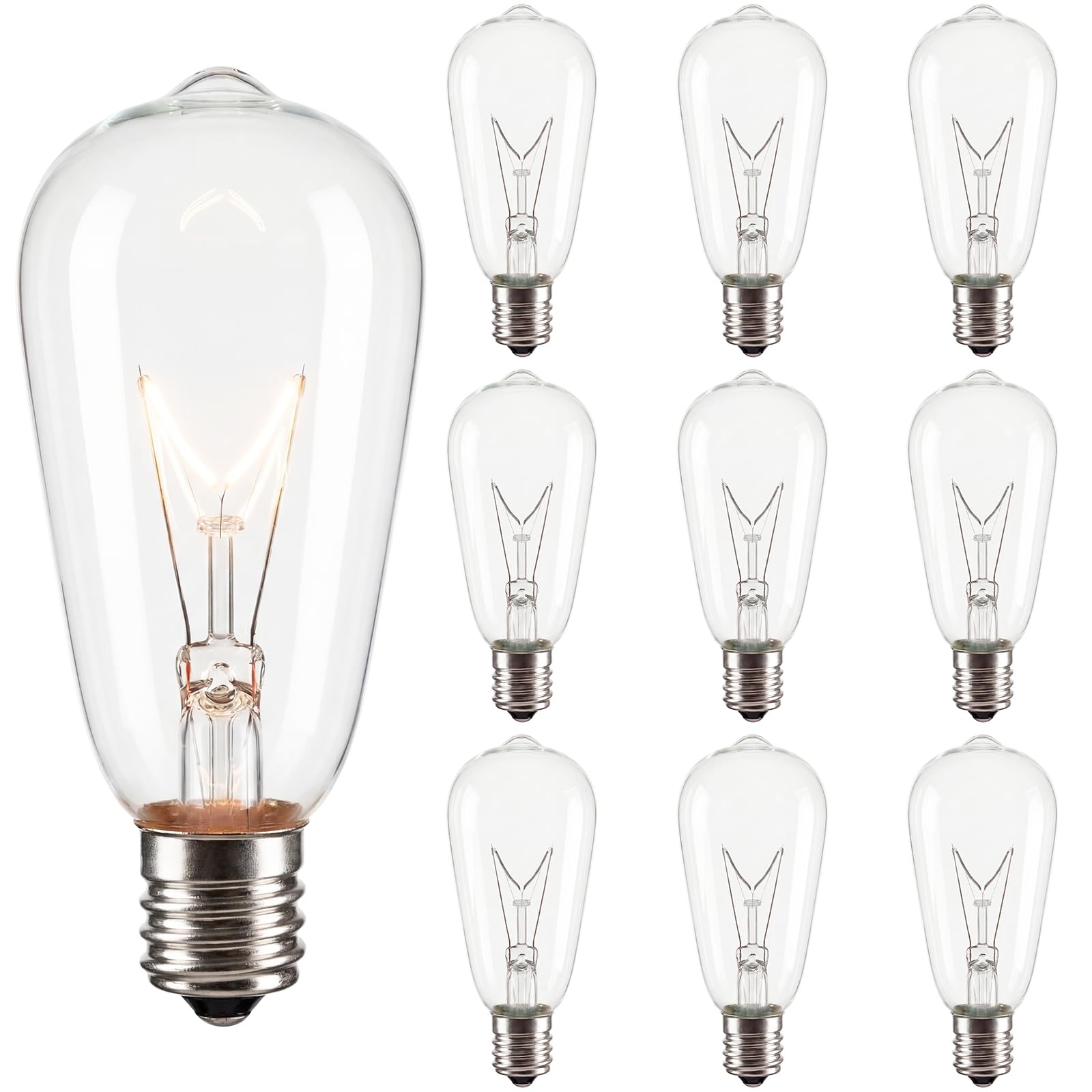 Oviejo 10 Pack Edison Light Bulbs, ST40 Clear Incandescent String Light Bulbs Replacement, 7W E17 Screw Base Bulbs for Outdoor String Lights Patio