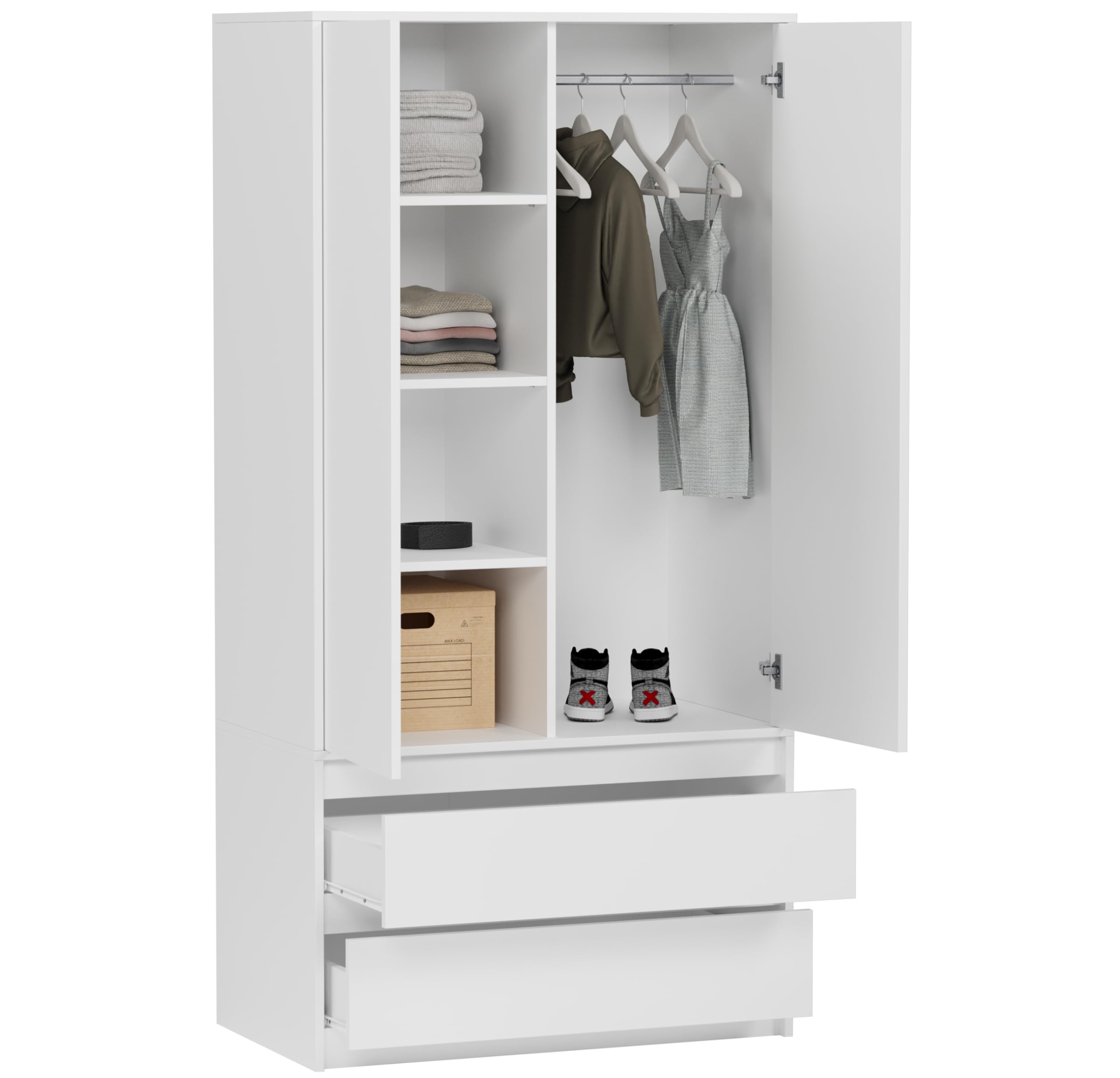 Kleiderschrank weiß 90x51x180 cm – Schrank mit 2 Türen, 4 Regalfächern & 2 Schubladen, modernes Design für Schlafzimmer, Flur und Wohnzimmer