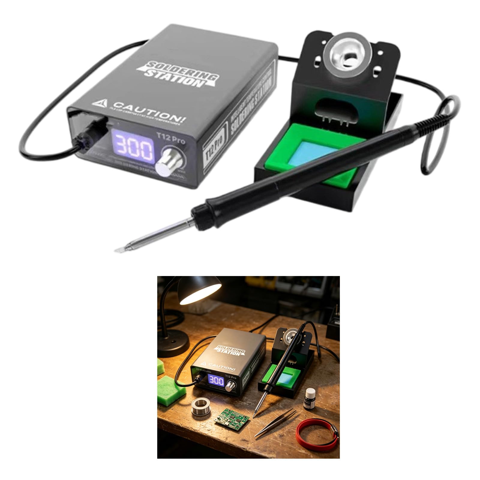 Stazione saldatura per riparazioni elettroniche T12 con schermo digitale della temperatura, supporto calibrazione, vassoio supporto per tecnici e utenti hobbistici Strumento saldatura
