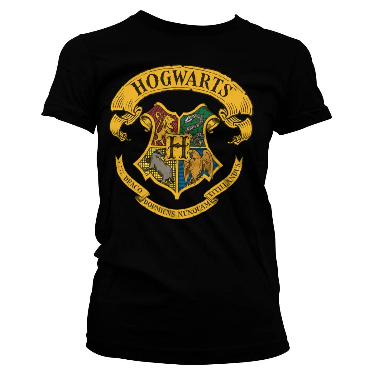 Harry Potter Officially Licensed Hogwarts Crest Women T-Shirt (Black), Medium