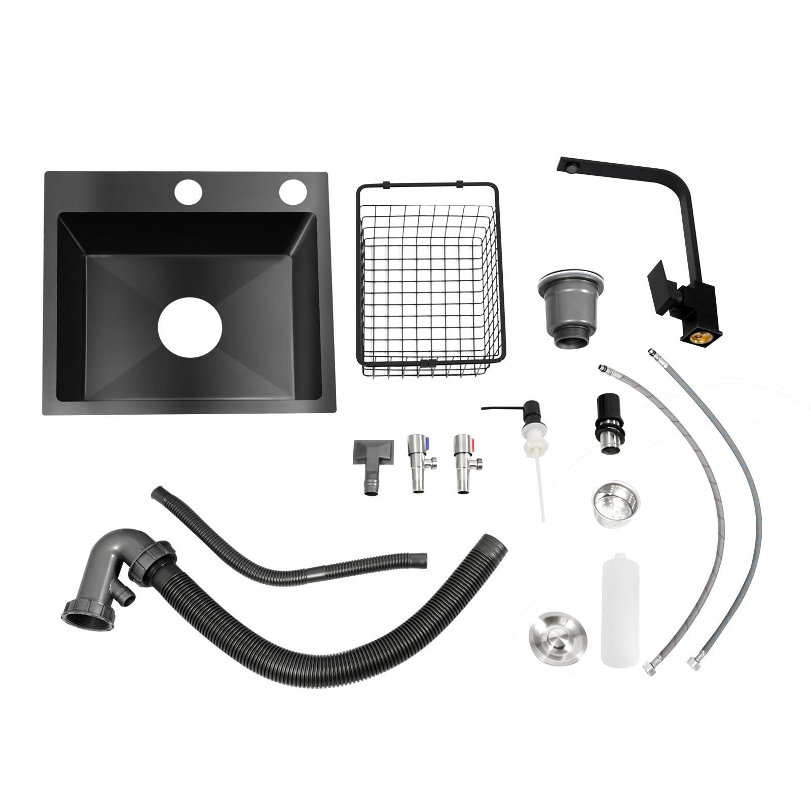Lavello da cucina, nero, 45 x 40 cm, 1 vasca, in acciaio inox, rettangolare, moderno, con scolapiatti, rubinetto, dispenser di sapone